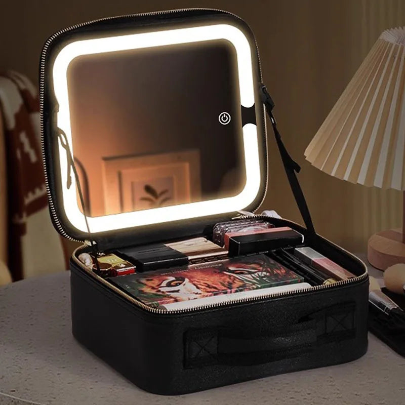 LED Travel Makeup Case with Mirror | Portable Cosmetic Train Bag