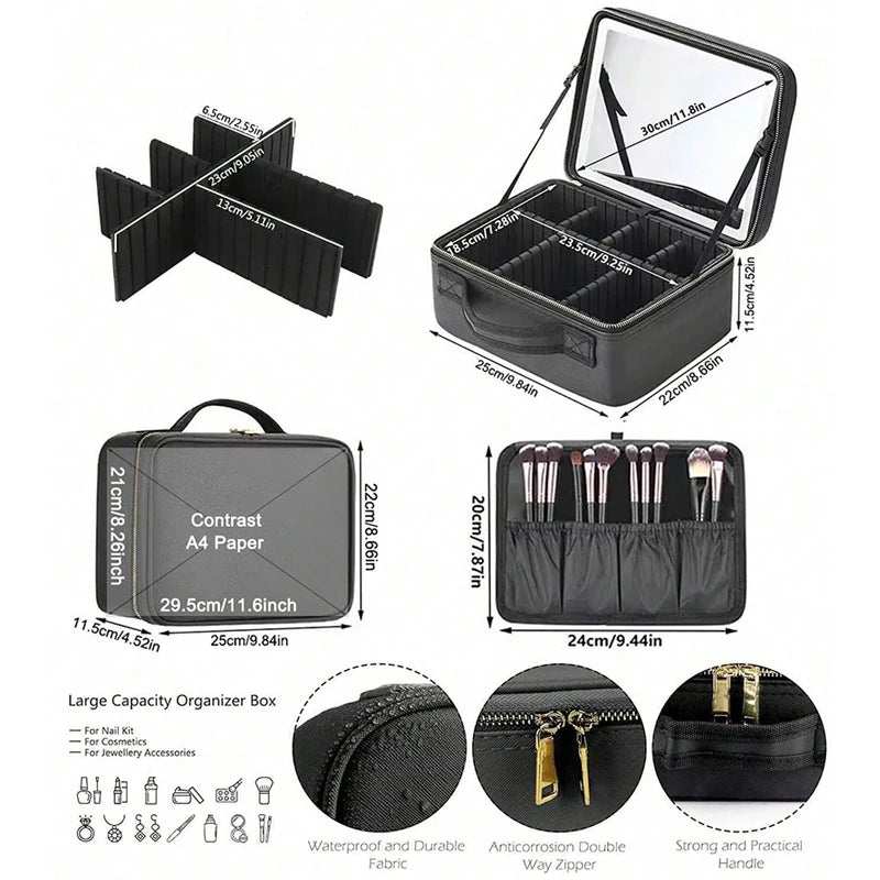 LED Travel Makeup Case with Mirror | Portable Cosmetic Train Bag