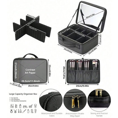LED Travel Makeup Case with Mirror | Portable Cosmetic Train Bag
