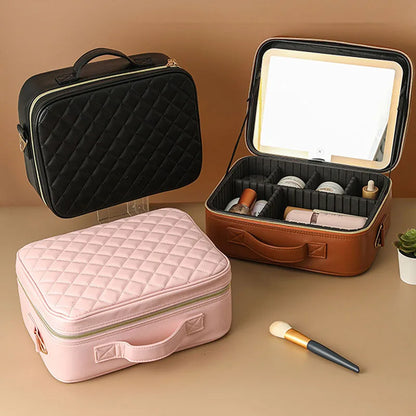 LED Travel Makeup Case with Mirror - Portable Zoned Beauty Bag