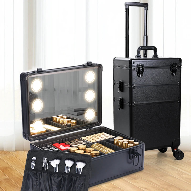 3-in-1 Rolling Makeup Case with LED Mirror - Aluminum Beauty Trolley