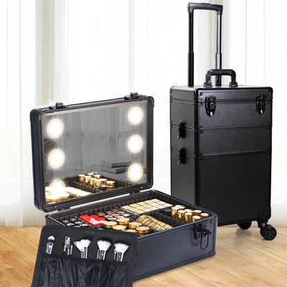 3-in-1 Rolling Makeup Case with LED Mirror - Aluminum Beauty Trolley