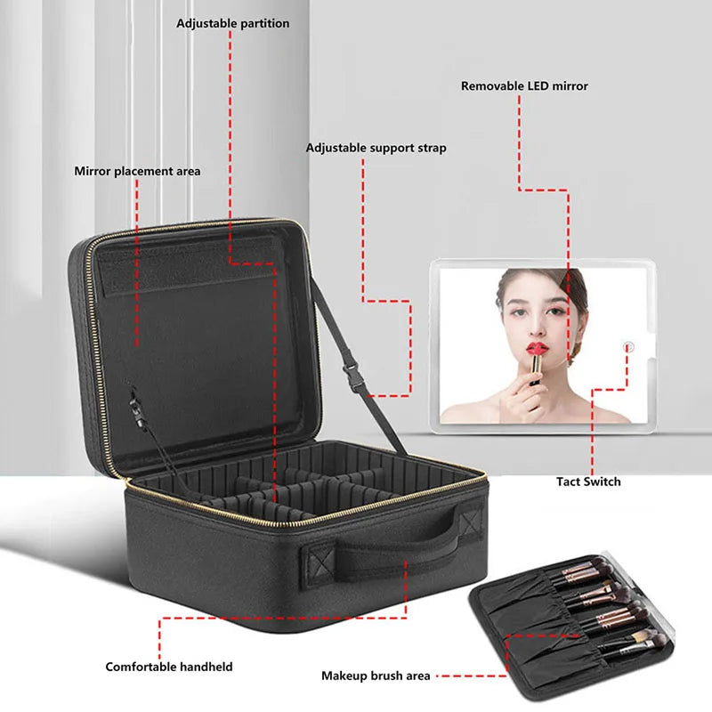 LED Travel Makeup Case with Mirror - Large Capacity Cosmetic Bag