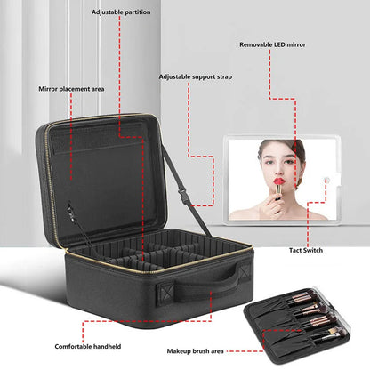 LED Travel Makeup Case with Mirror - Large Capacity Cosmetic Bag