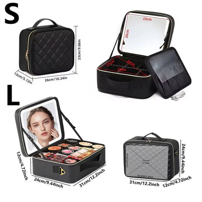 LED Travel Makeup Case with Mirror - Portable Zoned Beauty Bag