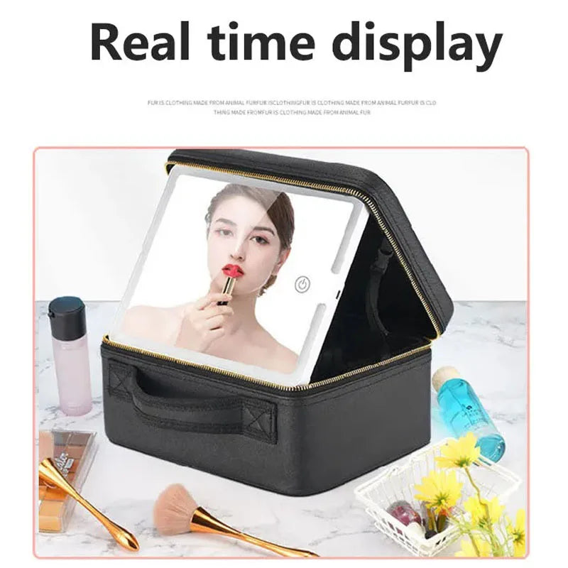 LED Travel Makeup Case with Mirror | Portable Cosmetic Train Bag