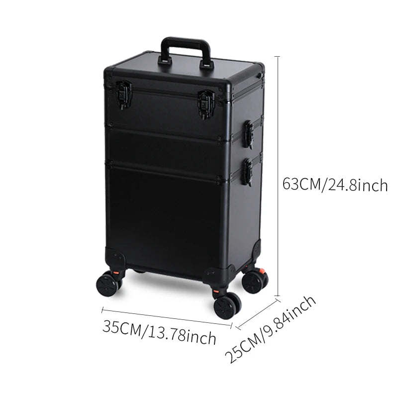 3-in-1 Rolling Makeup Case with LED Mirror - Aluminum Beauty Trolley