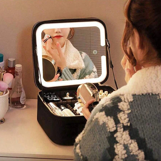 LED Travel Makeup Case with Mirror | Portable Cosmetic Train Bag