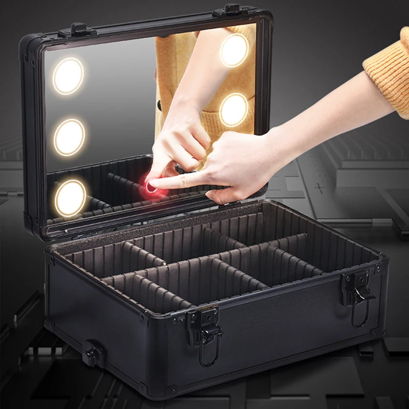 3-in-1 Rolling Makeup Case with LED Mirror - Aluminum Beauty Trolley