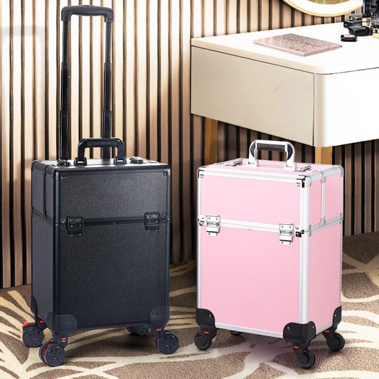 Rolling Makeup Train Case - Aluminum Professional Cosmetic Trolley