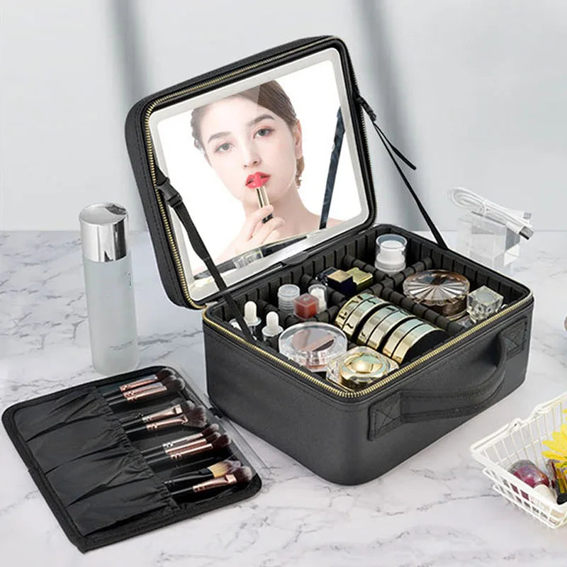 LED Travel Makeup Case with Mirror - Large Capacity Cosmetic Bag
