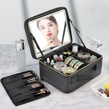 LED Travel Makeup Case with Mirror - Large Capacity Cosmetic Bag