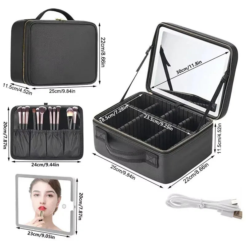 LED Travel Makeup Case with Mirror - Large Capacity Cosmetic Bag