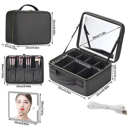 LED Travel Makeup Case with Mirror - Large Capacity Cosmetic Bag