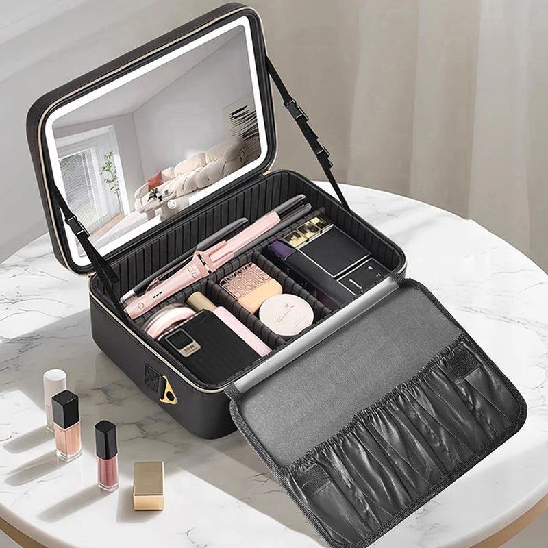 LED Travel Makeup Case with Mirror - Portable Cosmetic Bag