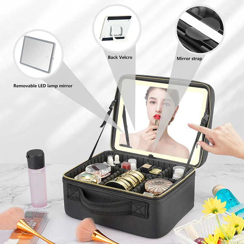 LED Travel Makeup Case with Mirror - Large Capacity Cosmetic Bag