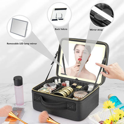 LED Travel Makeup Case with Mirror - Large Capacity Cosmetic Bag