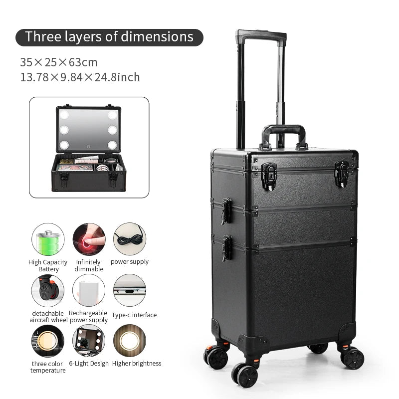 3-in-1 Rolling Makeup Case with LED Mirror - Aluminum Beauty Trolley