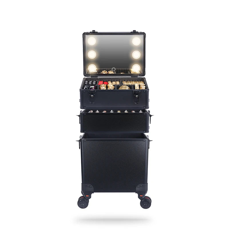 3-in-1 Rolling Makeup Case with LED Mirror - Aluminum Beauty Trolley