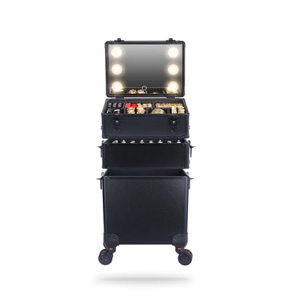 3-in-1 Rolling Makeup Case with LED Mirror - Aluminum Beauty Trolley