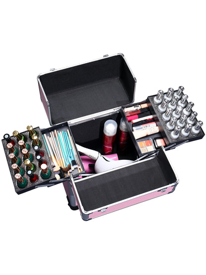 Rolling Makeup Train Case - Aluminum Professional Cosmetic Trolley