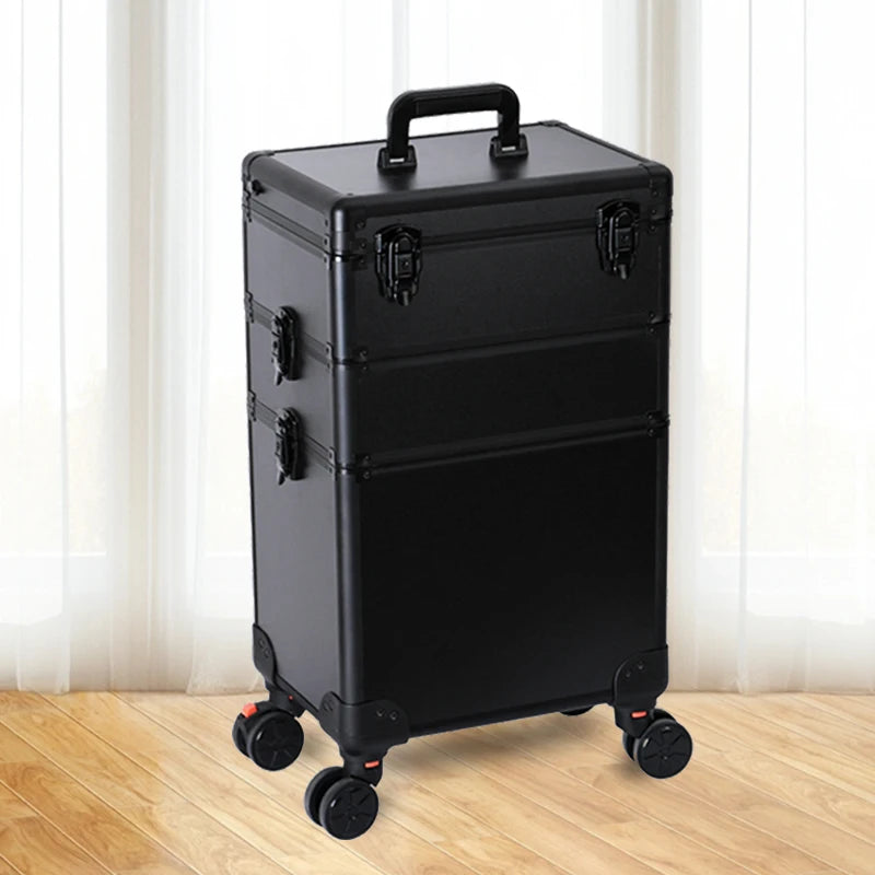 3-in-1 Rolling Makeup Case with LED Mirror - Aluminum Beauty Trolley
