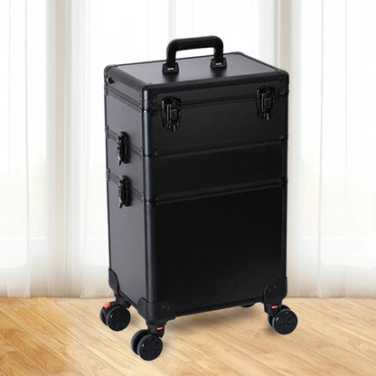 3-in-1 Rolling Makeup Case with LED Mirror - Aluminum Beauty Trolley
