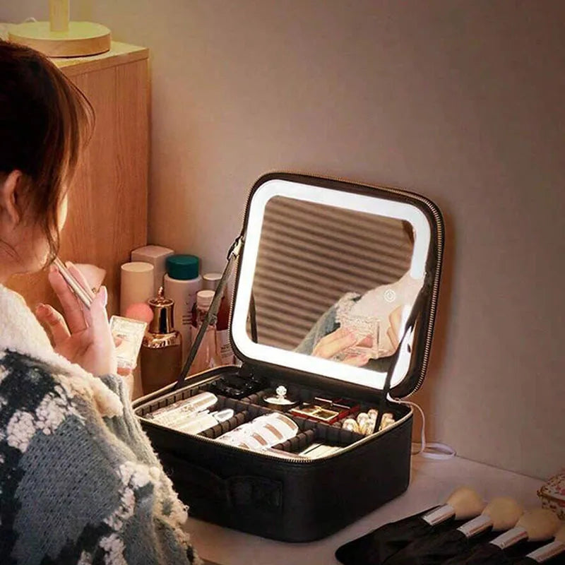 LED Travel Makeup Case with Mirror | Portable Cosmetic Train Bag
