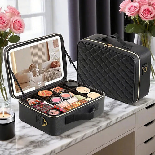 LED Travel Makeup Case with Mirror - Portable Zoned Beauty Bag