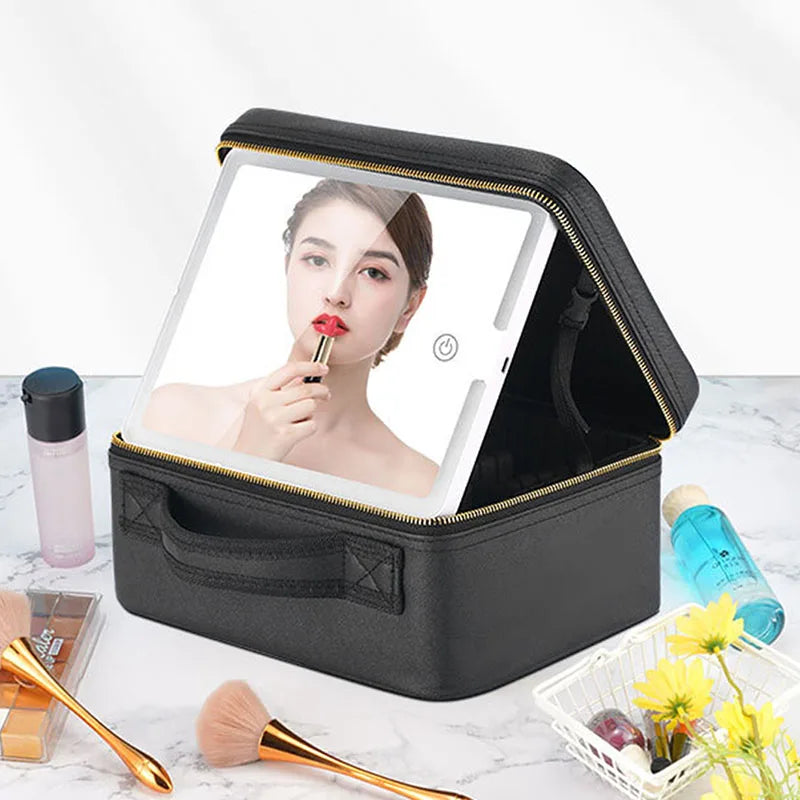 LED Travel Makeup Case with Mirror - Large Capacity Cosmetic Bag